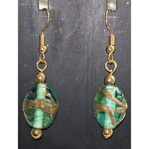 Lampwork GREEN Glass Bead Pierced Earrings Gold 1.75" by Sacred Feather Traders‎